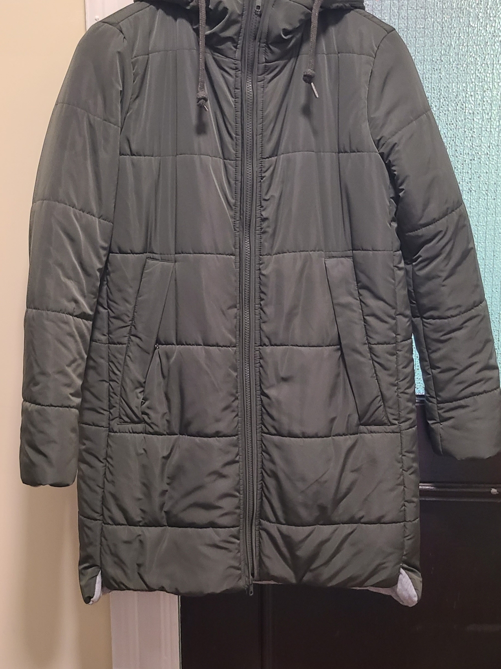 Women's Long Quilted Hooded Puffer Coat in Olive